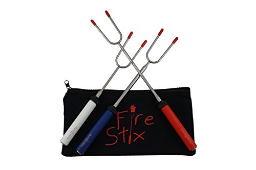 Fire Stix Patriotic Marshmallow Roasting Sticks, 34 Inch (Roaster Set of 3) Hot Dog BBQ Forks For Campfire Pit, New Colors Red White and Blue USA American