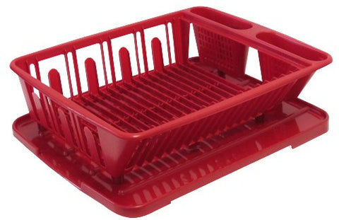 United Solutions Two Piece Dish Rack and Drain Board Set in Red-2 Piece Large Sink Set Includes Dish Drainer and Drain board with Room for 14 Plates