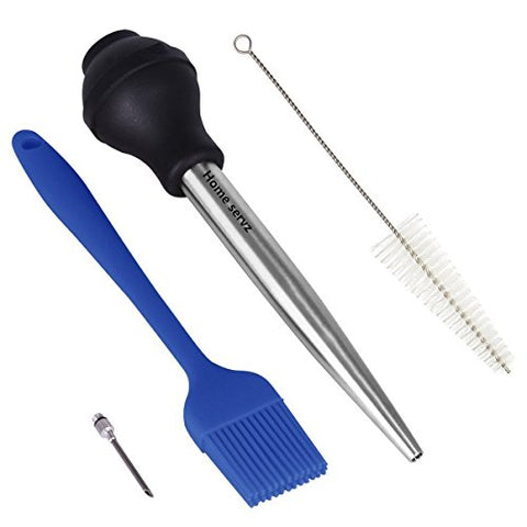 Home Servz 18/8 Stainless Steel Silicone Bulb Turkey Baster Needle With Cleaning Brush&Barbecue Basting Silicone Brush