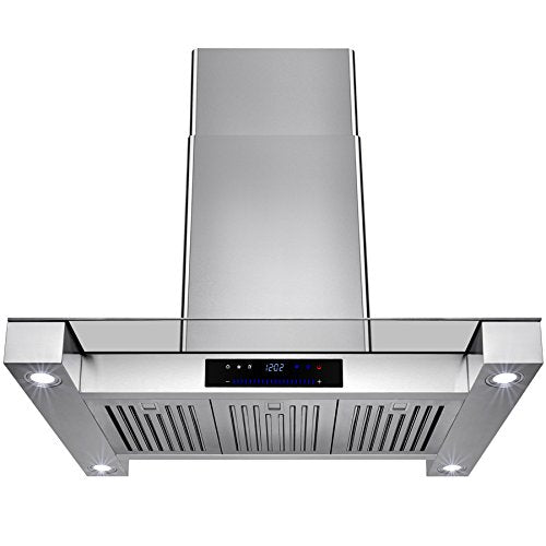 Golden Vantage 36" Inch Convertible Stainless Steel Island Mount Range Hood Cooker Fan Oven Vent Exhaust With Touch Screen Panel Display LED Controls Light Lamp Baffle Filters