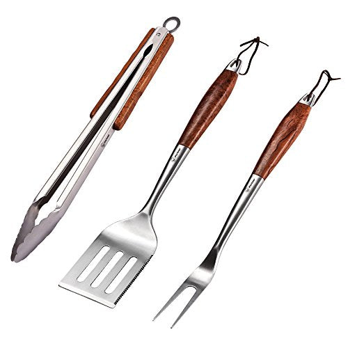 iPartner Grilling Barbecue Tool Set | 3-Piece Portable Utensil Kit Include BBQ Spatula Tongs & Fork w/Apron Tote Easy to Storage | Heavy duty Stainless Steel & Rosewood Handle | Great Gift Set for Men