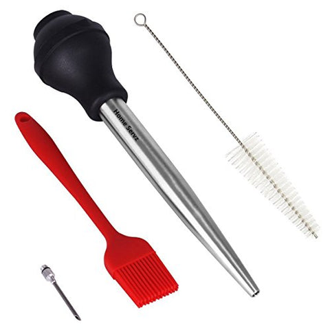 Home Servz 18/8 Stainless Steel Silicone Bulb Turkey Baster Needle With Cleaning Brush&Barbecue Basting Silicone Brush