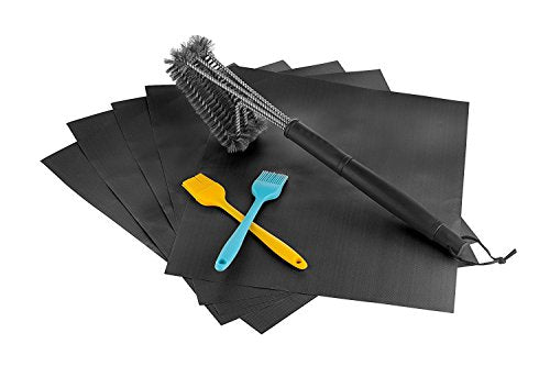 SKYWEE BBQ Mats Set, Non Stick, Heavy Duty, 5 Pack Black Grill Mats - Grill Brush Stainless Steel 3 In 1 Cleaner, Wire Bristles, Stiff Handle - 2 Pack Silicone Brush For All Your Grilling Needs