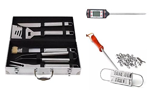 Deluxe Grill Accessories Bundle: BBQ Tool Set with Meat Branding Iron and Digital Meat Thermometer