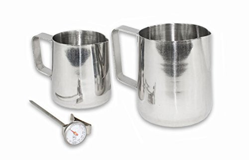 CucinaPrime Commercial Frothing Pitcher Set with Thermometer, Stainless Steel, 14 Ounce and 20 Ounce Pitchers