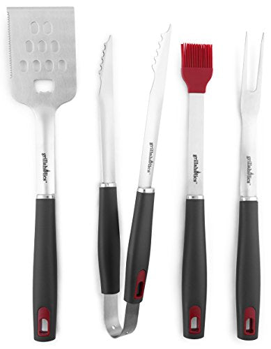 Grillaholics Grill Set - 4-Piece BBQ Tools - Heavy Duty Stainless-Steel Barbecue Grilling Utensils - Premium Grilling Accessories for Barbecue - Spatula, Tongs, Fork, and Basting Brush