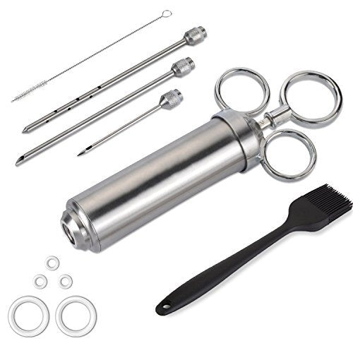 Meat Injector ,2 Ounce 304 Stainless Steel Meat Injector With 3 Meat Needles+5 Washers+Basting Brush+Cleaning Brush fit for Cooking of Beef, Pork, Chicken, Turkey (Silver)