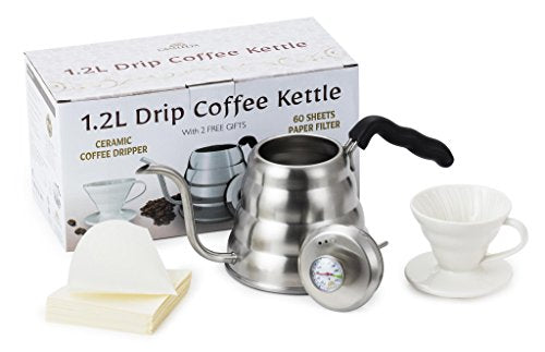 CASALEEYA 1.2 Liter Stainless Steel Gooseneck Kettle with Built-in Thermometer, 60 Disposable Filter Bags, Ceramic Dripper and Handle