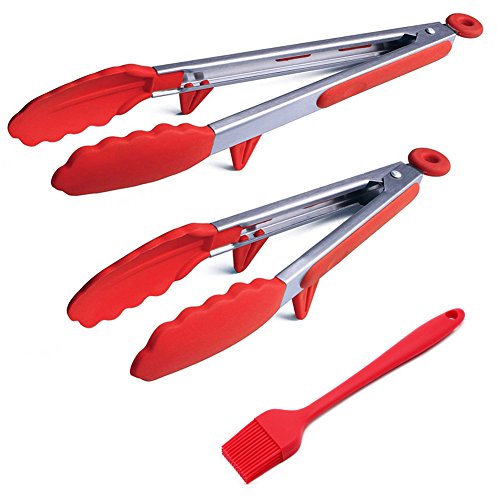 Silicone Kitchen Tongs with Stand, Set of 2 Packs (9-Inch & 12-Inch)Heat Resistant Stainless Steel Food Tongs and 1 Basting Brush, Serving for BBQ, Salad, Grill and Bread