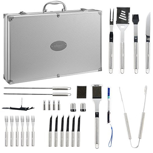 30 Piece BBQ Utensil Set | Professional Grade Stainless Steel Barbecue Grill Tool Set with Aluminum Storage Case - Includes 4-in-1 Spatula Turner, Tongs and many other bbq Grilling Accessories