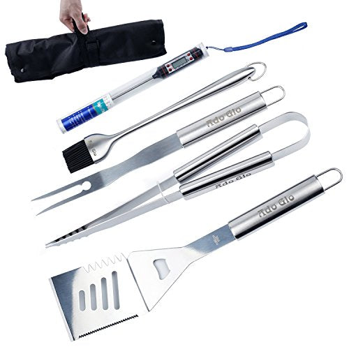 Ado Glo BBQ Tools Set - 6 Piece Grilling Tools, Heavy Duty Stainless Steel Barbecue Grill Utensils with Storage Bag - Spatula, Tongs, Fork, Basting Brush, Barbecue Apron and Meat Thermometer