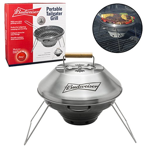 Portable Tailgater Grill by Budweiser - Non-stick Collapsible Stainless Steel 12" Outdoor Grill with Carrying Bag