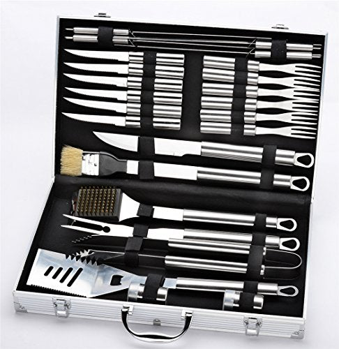 VolksRose Premium 24 Pieces Stainless Steel BBQ Set with Aluminum Storage Case - Heavy Duty Professional Outdoor Barbecue Grill Tool Accessories Kit for Family&Company - Perfect Christmas Gifts Idea