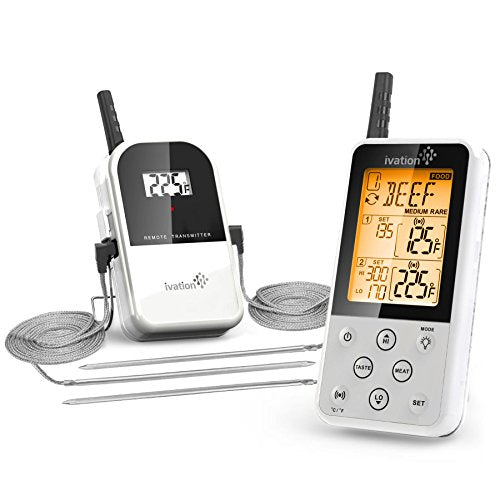 Ivation Long Range Wireless Thermometer W/ Spare Probe - Remote BBQ, Smoker, Grill, Oven, Meat Thermometer - Monitors Food From Up To 325 Feet Away