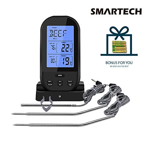 SMARTECH Meat Thermometer - Digital Wireless Remote Barbecue Meat Thermometer with Built-In Timer for Smoker Grill Oven - 3 Instant Read Probes Included