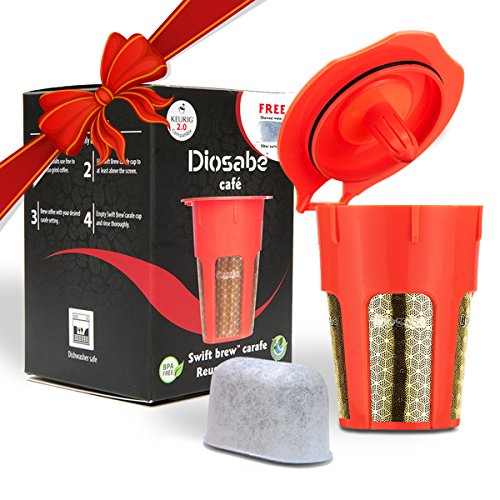 SwiftBrew 24k Gold Reusable K-Carafe Filter- Reusable 4-5 Cup Coffee Filter Compatible With Keurig Brewers 2.0 - For K200, K300, K400, K500 With Bonus Keurig Water Filter