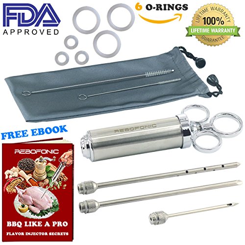 Meat Injector BBQ Injector Syringe Marinade Injector Kit 3 Stainless Steel Seasoning Injector Needles for Food Turkey Grilling Smoking, Recipe Ebook Cleaning Brushes Storage Pouch FDA Cleared