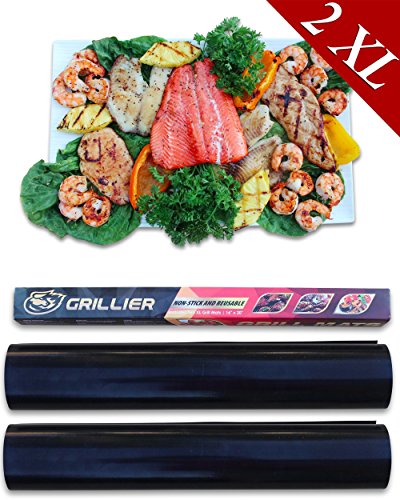 BBQ Grill Mat - Set of 2 XL Mats 20x16 - Grillier - Best Healthy Non-Stick Baking Sheet - Ultimate Outdoor and Oven Cooking Liner - For Charcoal, Gas and Electric Barbecue Grills - Launch Offer