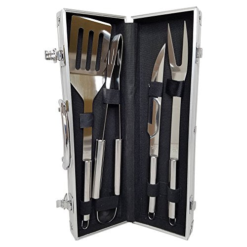 BBQ Grill Tool Set with Aluminum Carrying Case, 4 Piece Stainless Steel Barbecue Accessories, (15.8" x 6.8" x 3.1")