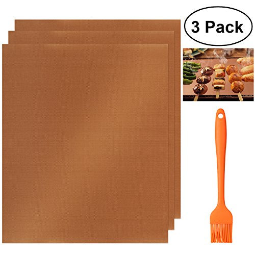 HOMEMAXS Grill Mat Set of 3 BBQ Grill Mat by, 100% Non Stick, Reusable and Easy to Clean Best for Gas, Charcoal, Electric Grills, Copper Color(Contain 1 Basting Pastry Oil Brush) 15.75 X 13 Inch