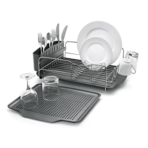 Polder Dish Rack & Tray 4 PC Combo– Advantage System Includes Rack, Drain Tray, Removable Drying Tray & Cutlery Holder – Stainless Steel & Plastic