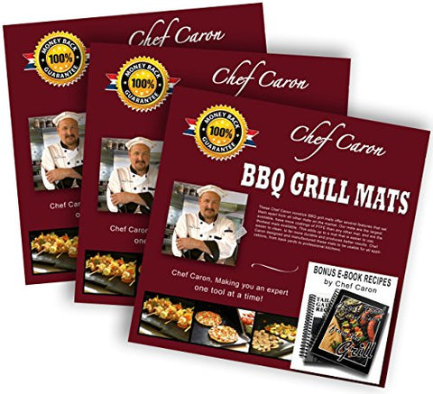 BBQ Grill Mat by Chef Caron Designed for the Professional Gift Set of 2 Mats - Nonstick PTFE, Ultra-slick, Extra Thick .25mm - Xtra Large - Expand Your Grilling Options & Keep Your Grill Spotless