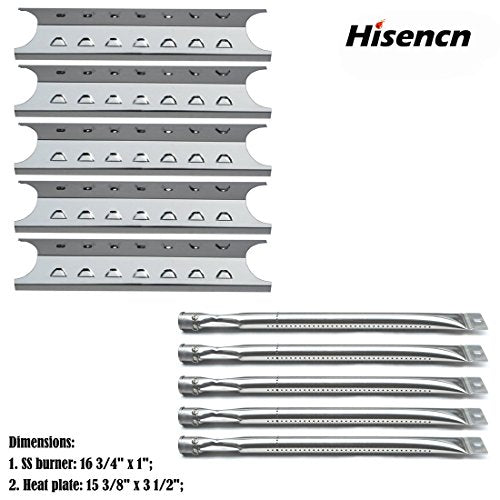 Hisencn Replacement Master Forge 5 Burner Gas Grill L3218, 3218LTN Grill Burner, Heat Plate (5Pack SS Burner + 5Pack SS Heat Plate)