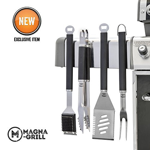 Yukon Glory Magnetic Grill Tool Set 4 Piece Stainless Steel Grilling, BBQ and Tailgating. Grilling Fork, Spatula, Tongs and Brush. The Ultimate GRILLING/BBQ ACCESSORIES