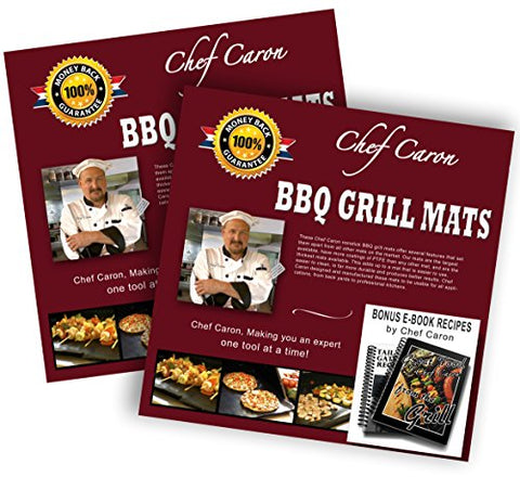 BBQ Grill Mat by Chef Caron Designed for the Professional Gift Set of 2 Mats - Nonstick PTFE, Ultra-slick, Extra Thick .25mm - Xtra Large - Expand Your Grilling Options & Keep Your Grill Spotless