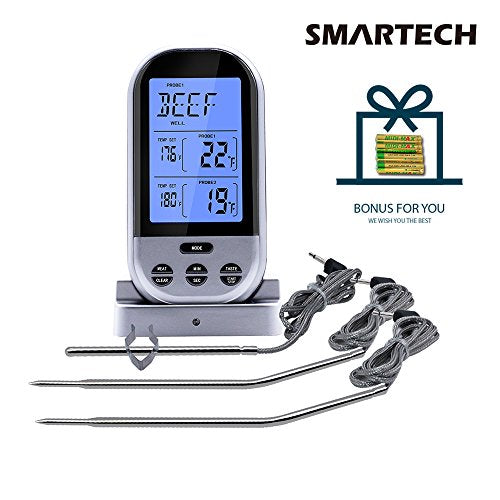 SMARTECH Meat Thermometer - Digital Wireless Remote Barbecue Meat Thermometer with Built-In Timer for Smoker Grill Oven - 3 Instant Read Probes Included