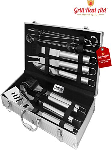 Stainless Steel BBQ Grill Accessories: 12 Piece Utensil Tool Set for Indoor Outdoor Cooking – Includes Spatula, Tongs, Skews, Brush & Carving Knife – The Perfect Gift