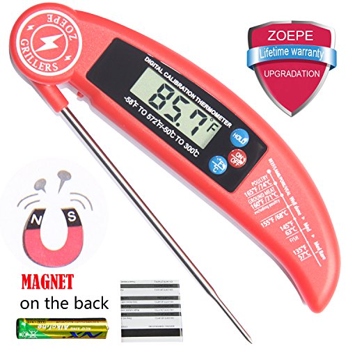 Instant Read Meat Thermometer for Grill and Cooking. UPGRADED MODEL NOW WITH MAGNET AND CALIBRATION FEATURE. Best Ultra Fast Digital Kitchen Probe. Includes Internal BBQ Meat Temperature Guide