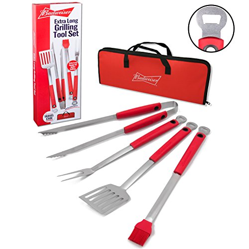 Budweiser Grilling Tools- Extra Long 4 Pc 20" Barbecue Grill Set with Carrying Case and Built-in Bottle Openers