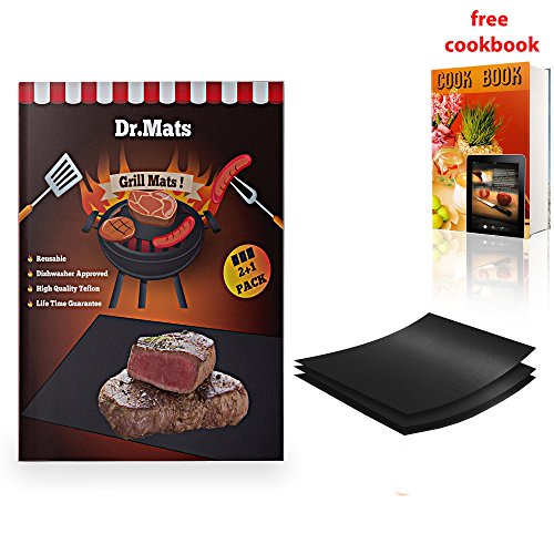 Grill Mats Set By Dr. Mats Non-Stick 100% PTFE Material, 500°F Heat Resistant, Dishwasher Safe 15.74”x 13” Baking Mat, Compatible With Electric, Charcoal & Gas Grills + FREE BBQ CookBook E-Book