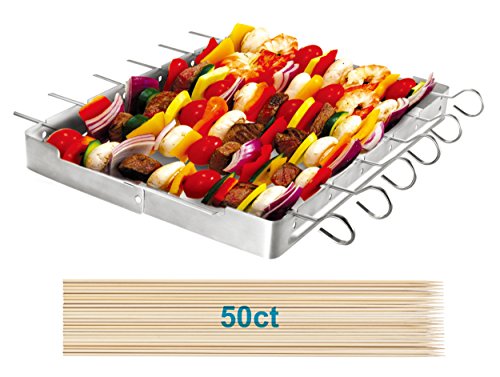 UNICOOK Heavy Duty Stainless Steel Barbecue Skewer Shish Kabob Set, 6pcs 13”L Skewer and Foldable Grill Rack Set, Durable and Reusable, Bonus of 50pcs 12.5”L Bamboo Skewers for Party and Cookout