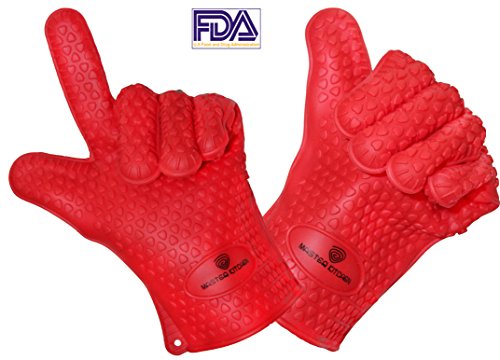 BBQ Grill Silicone Oven Gloves - Grilling Baking Heat Resistant Mitt - Medium Size - Red - Full Fingers