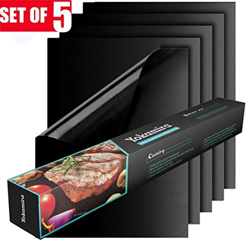 Grill Mat, Yokamira Non-Stick BBQ Grill Mats, Set of 5 Barbecue Mat Durable, Heavy Duty, Reusable and Easy to Clean, FDA-Approved, PFOA Free, Size 13" x 16", Black Color