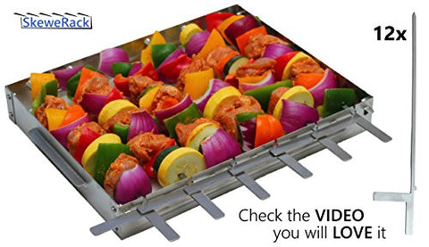 SkeweRack - Sturdy Stainless Steel Shish Kabob Skewer & Rack Set; Turn All 6 Skewers Simultaneously; 7mm Wide Skewers; Taller Rack; Will Not Rust; Sturdier Built