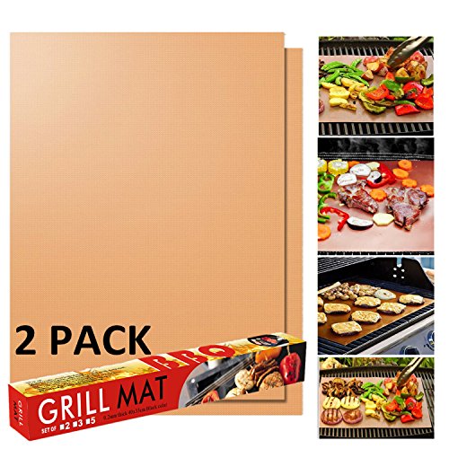 QMinus BBQ Mat Copper Grill Mat Set of 2 - Non-stick BBQ Grill & Baking Mats - FDA Approved, PFOA Free, Reusable and Easy to Clean - Works on Gas, Charcoal, Electric Grills - 15.75 x 13 inches