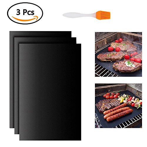 ATPWONZ 3 Set BBQ Grill Mats Oven Liner Reusable Large Barbecue Mat with a Barbecue Brush (Heavy Duty, Non-Stick,15.7 X 19.7 Inches, 50 x 40 cm)