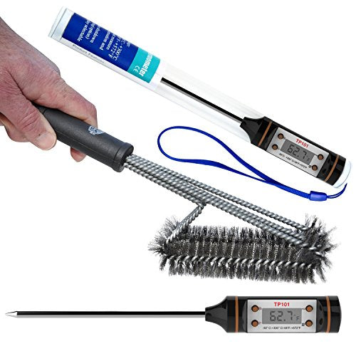 Barbecue Grill Brush & FREE Gift - Best BBQ Accessories - BBQ Grill Cleaner - 3 Stainless Steel Brushes in 1- Char-Broil, Weber & Infrared Grills - Free Instant Read Thermometer- Perfect Gifts for Dad