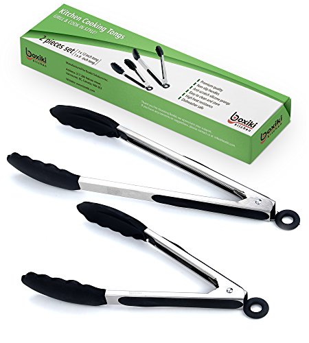 Boxiki Kitchen 2 PC Kitchen Utensils Tong Set | Silicone Kitchen Tongs For Grilling, Cooking & Serving | Heat Resistant Kitchen Tongs for Non-Stick Pans | BPA Free Stainless Steel Kitchen Utensils by