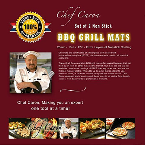 BBQ Grill Mat by Chef Caron Designed for the Professional Gift Set of 2 Mats - Nonstick PTFE, Ultra-slick, Extra Thick .25mm - Xtra Large - Expand Your Grilling Options & Keep Your Grill Spotless