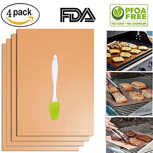 Copper Grill Mat Set of 4 Bestie-Gear Non-stick Reusable Easy to Clean and Heat Resistant BBQ Bake Mats for Charcoal, Electric and Gas Baking Mats with Gifted Pastry Oil Brush (4 Packs)