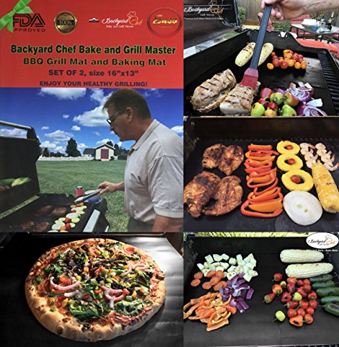Backyard Chef Bake and Grill Master Grill Mat Baking Mat FDA Approved Heavy Duty Non Stick Premium BBQ Grill Mats Set of 2-16"x13" - Great Gift Ideas for men - Best Grill Accessories