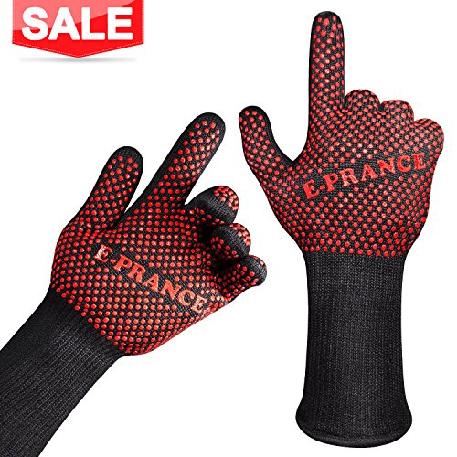 E-PRANCE BBQ Grilling Cooking Gloves - 932°F Extreme Heat Resistant Silicone Grill Gloves & Oven Mitts for BBQ, Grilling, Oven, Baking, Cooking - 14" Long for Extra Forearm Protection (1 Pair)